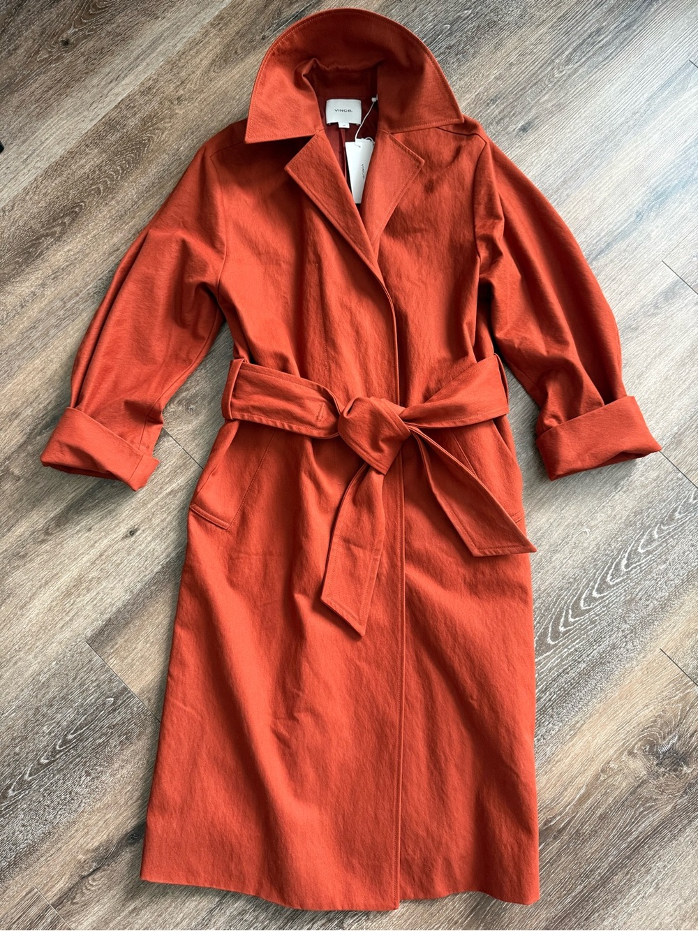 Vince Burnt Orange Belted Trench Coat NWT Size S Midi Cotton Blend Medium Weight